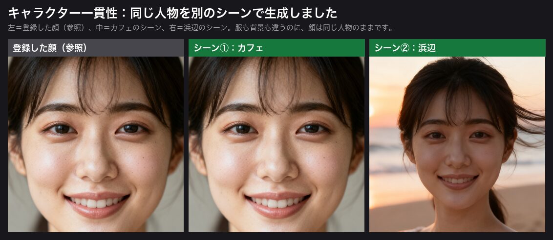 同じ人物を別シーンで生成してみました