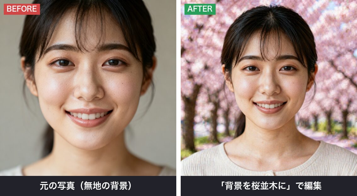 「背景を桜並木に」と入力して編集してみました